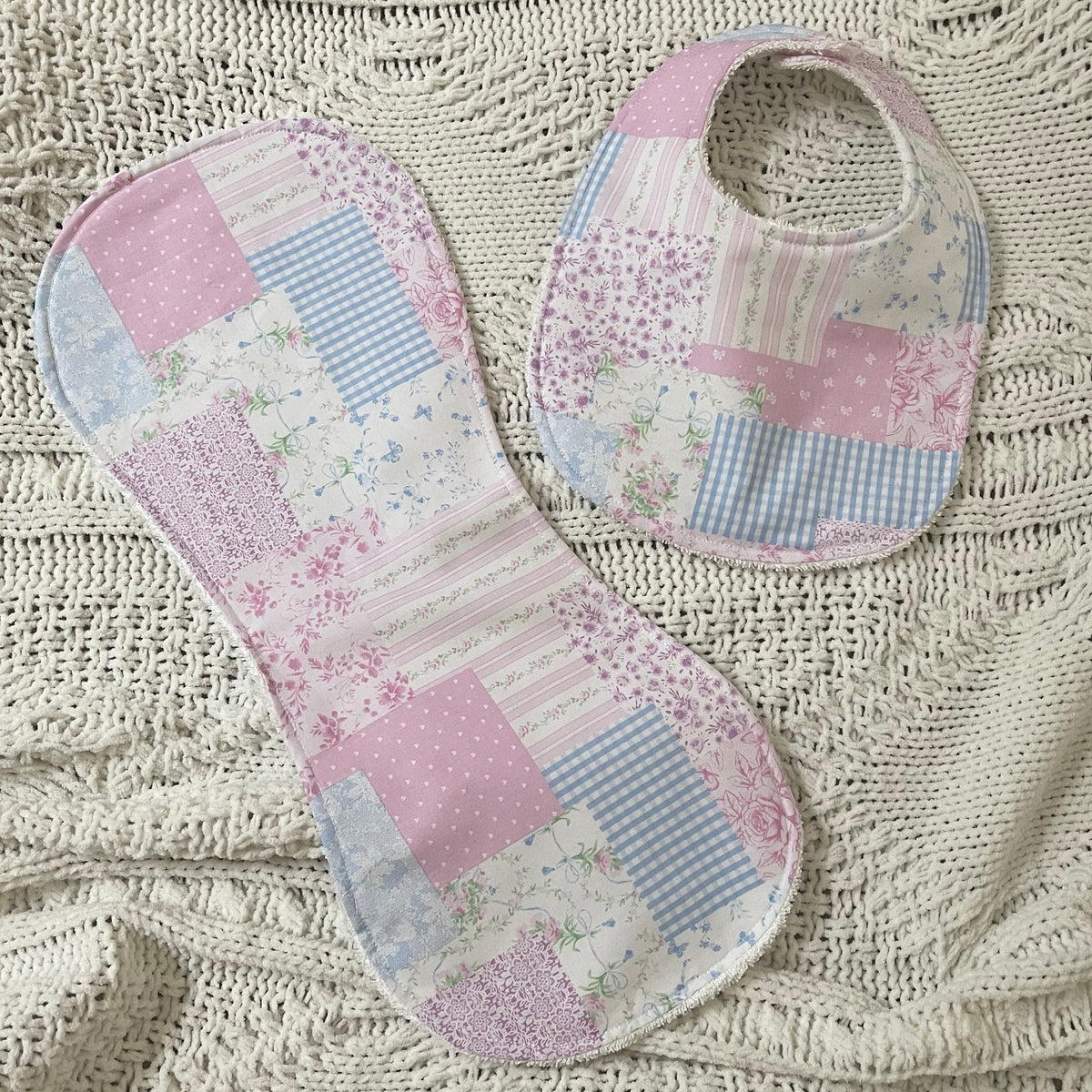 Pink Patchwork Bib and Burp Cloth set