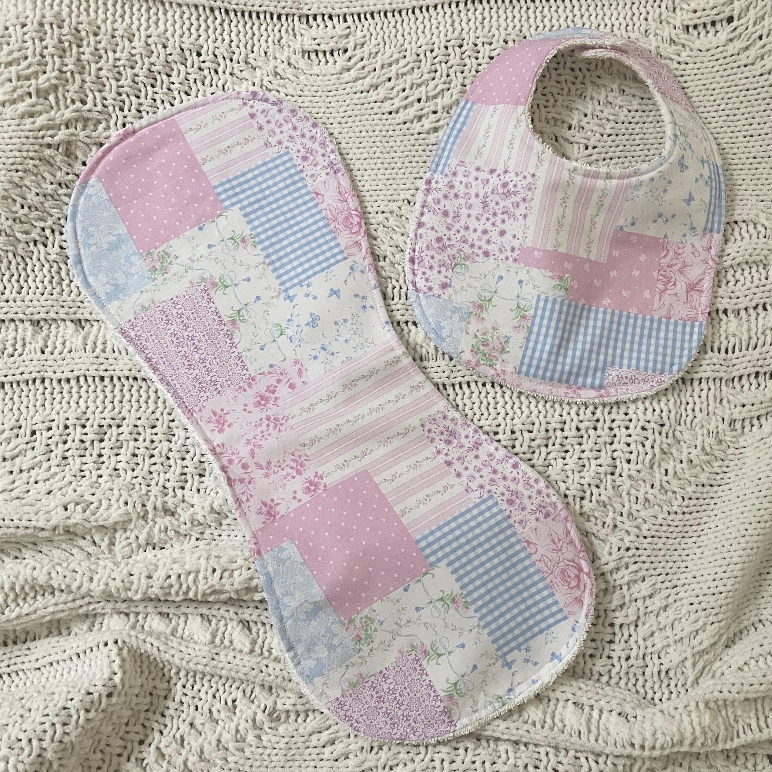 Pink Patchwork Bib and Burp Cloth set