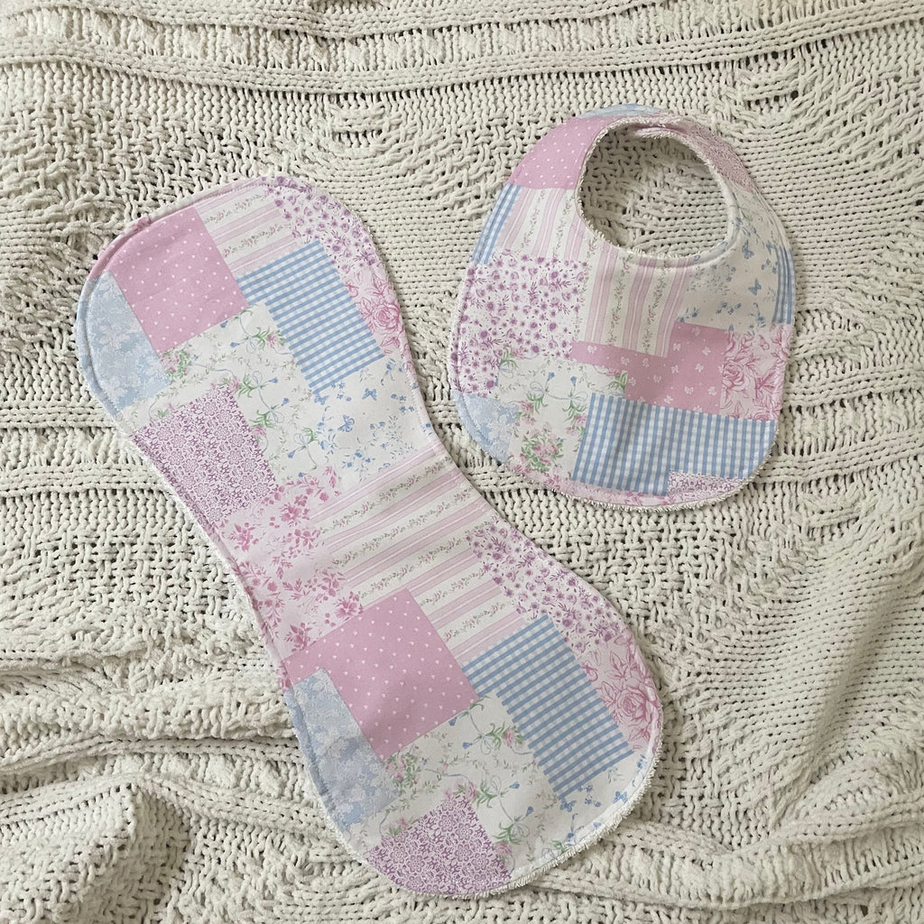 Pink Patchwork Bib and Burp Cloth set