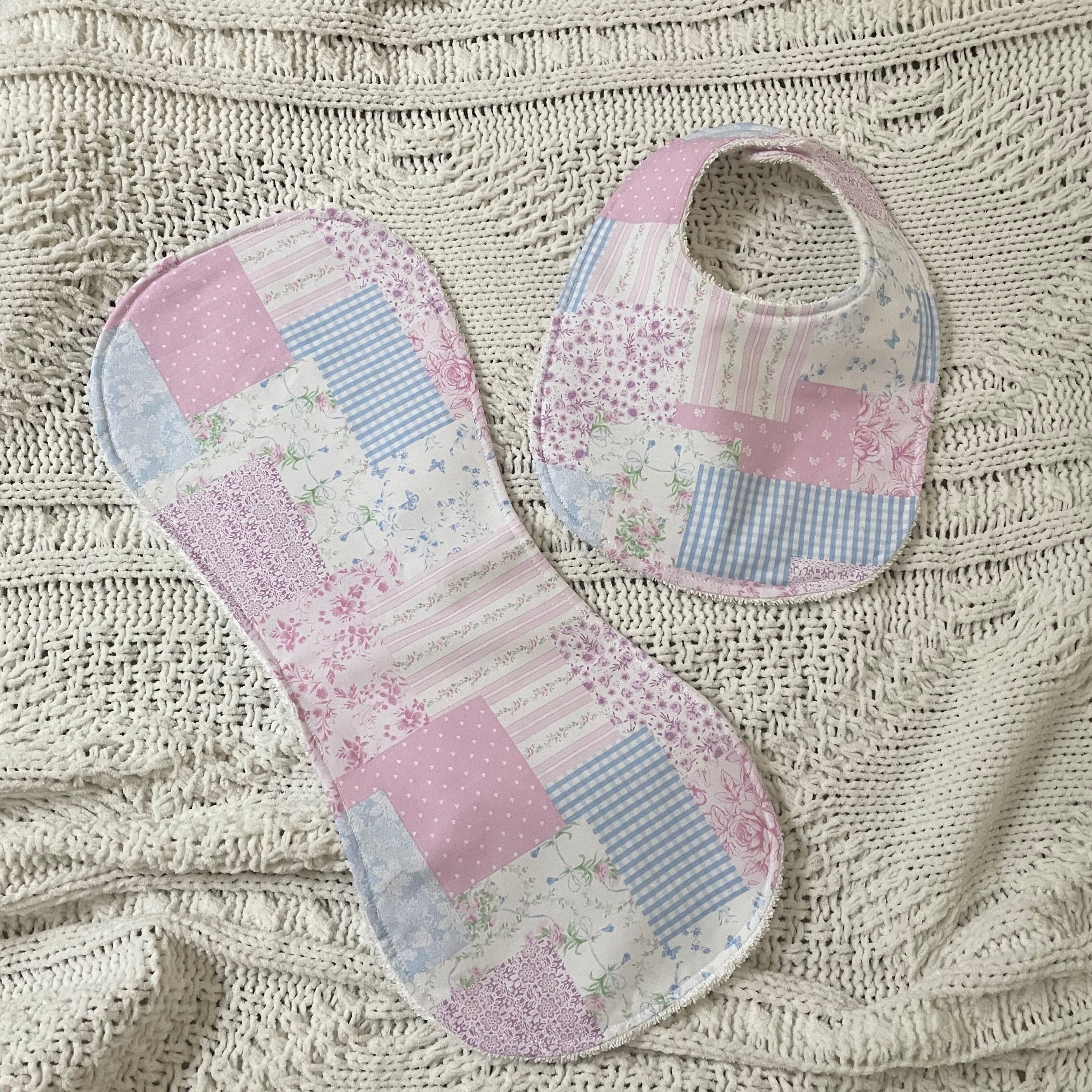 Pink Patchwork Bib and Burp Cloth set