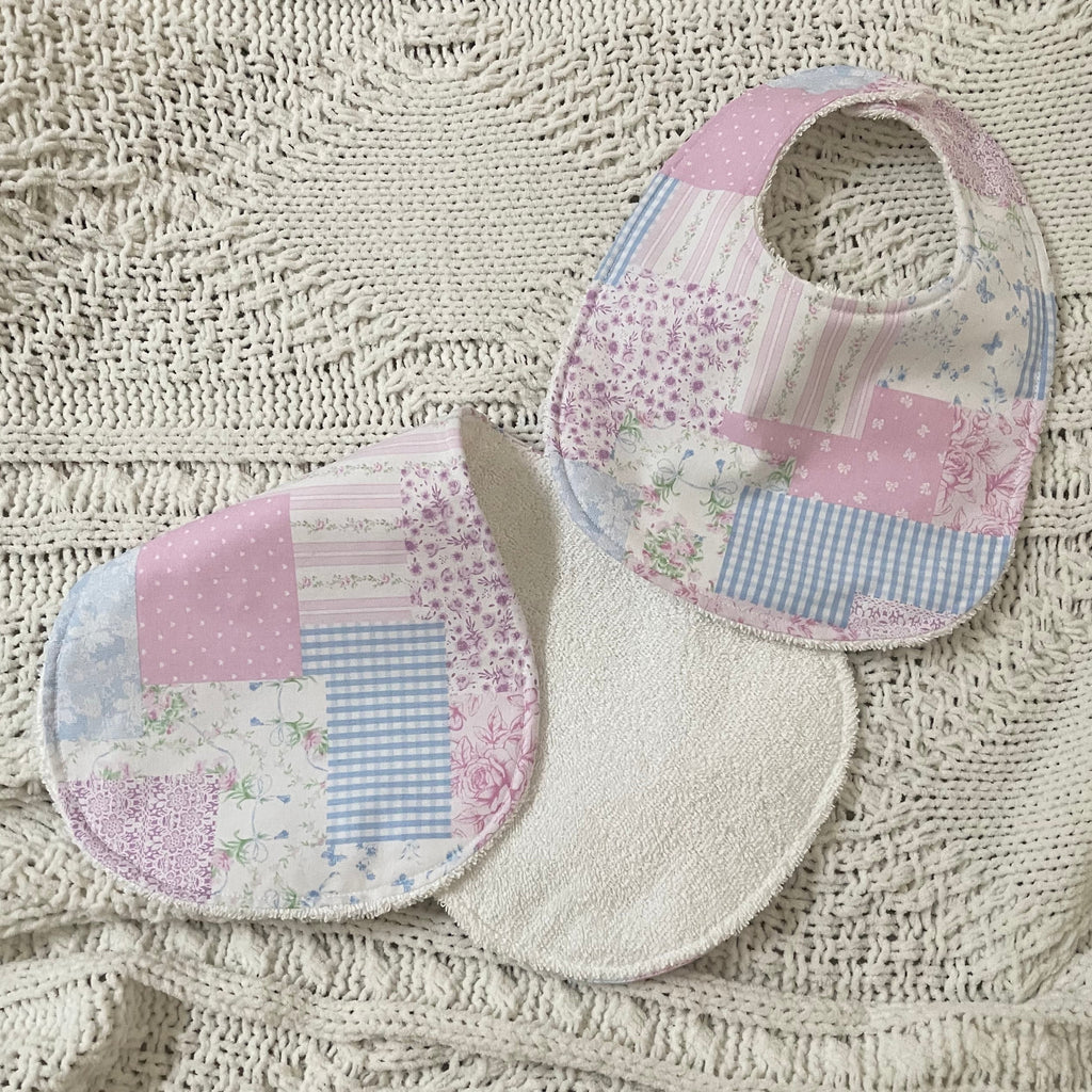 Pink Patchwork Bib and Burp Cloth set
