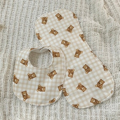 Teddy Bears on Gingham Bib and Burp Cloth Set